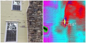 A side by side view of the house and the thermal image pointing to the bees' location